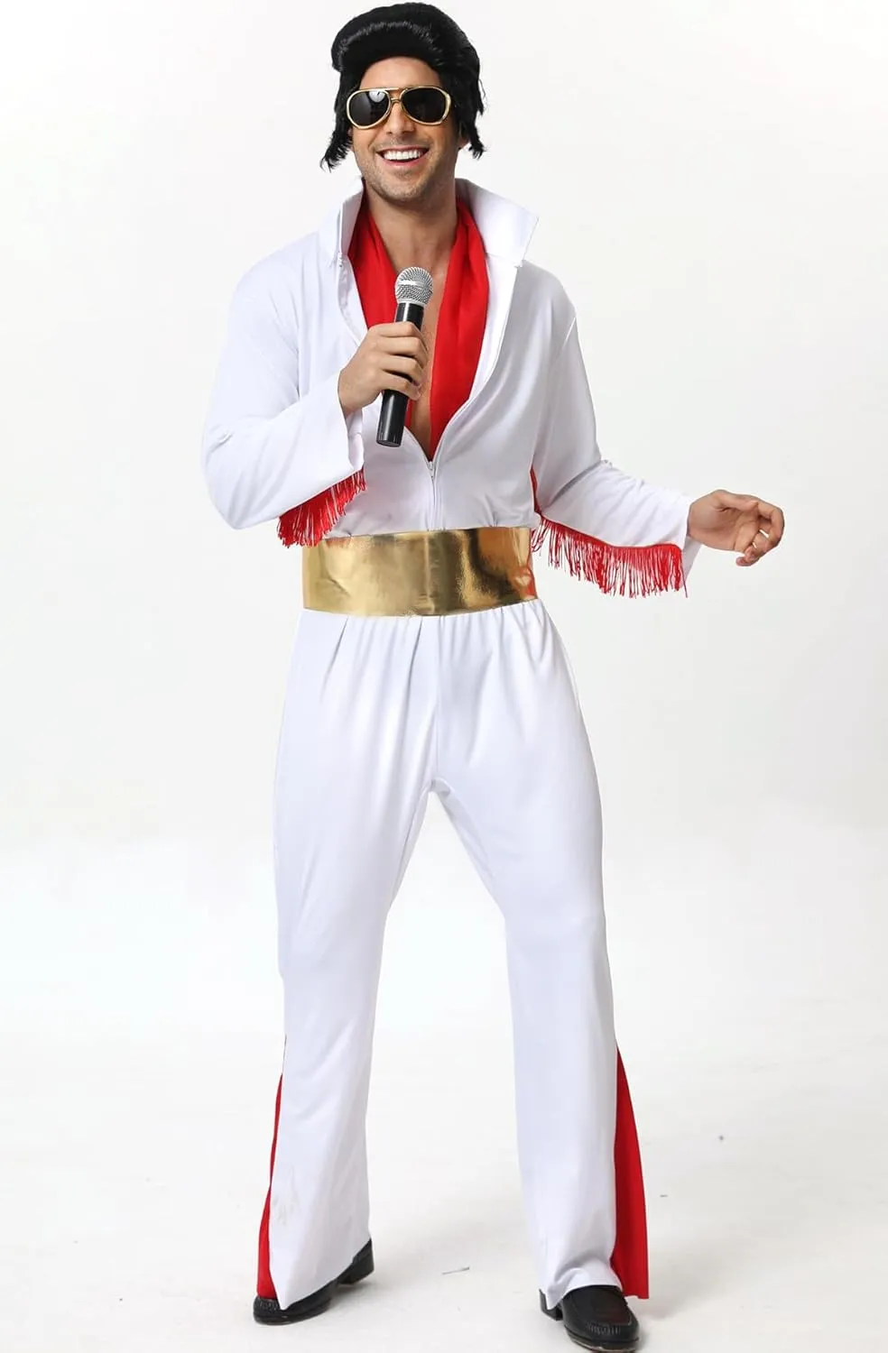 Men's 50s Rock Star Disco Outfit Costume Halloween Costume Adult for Men 5PCS: Jumpsuit Wig Sunglasses Belt Red Scarf
