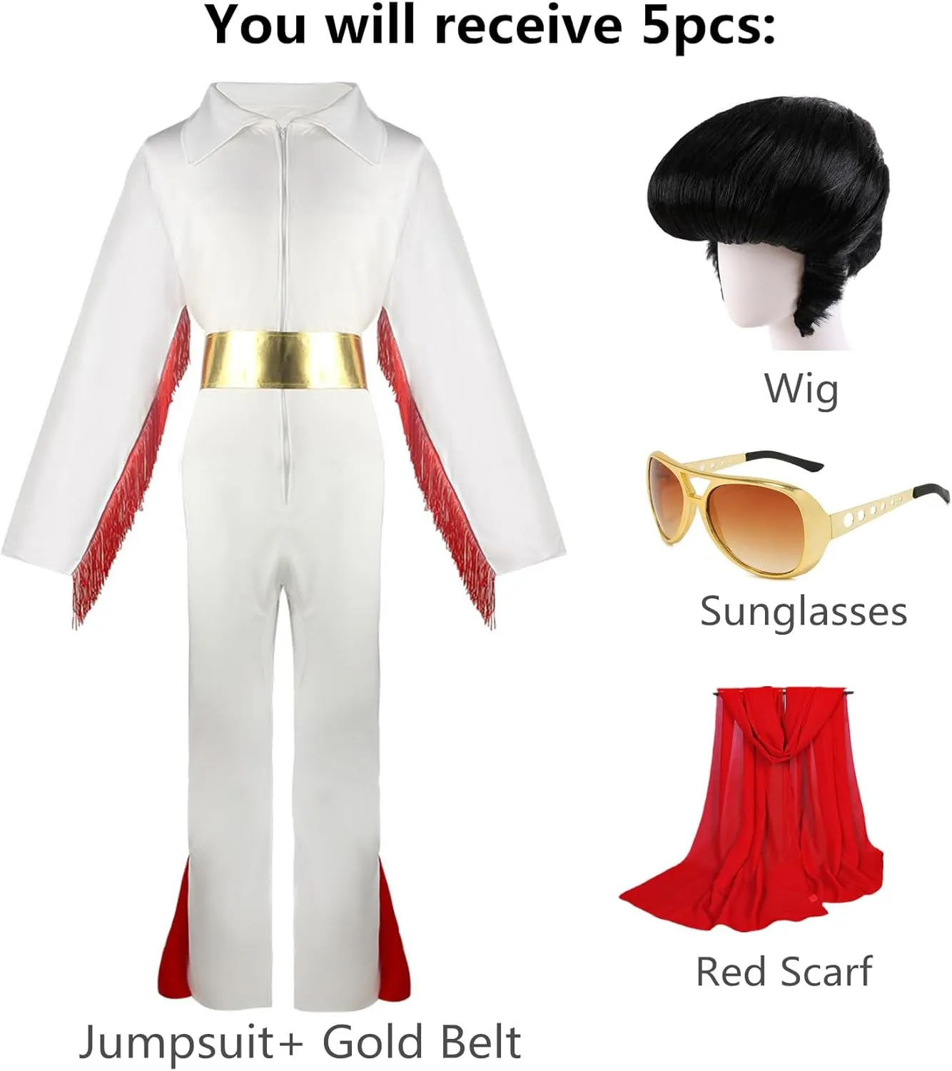 Men's 50s Rock Star Disco Outfit Costume Halloween Costume Adult for Men 5PCS: Jumpsuit Wig Sunglasses Belt Red Scarf