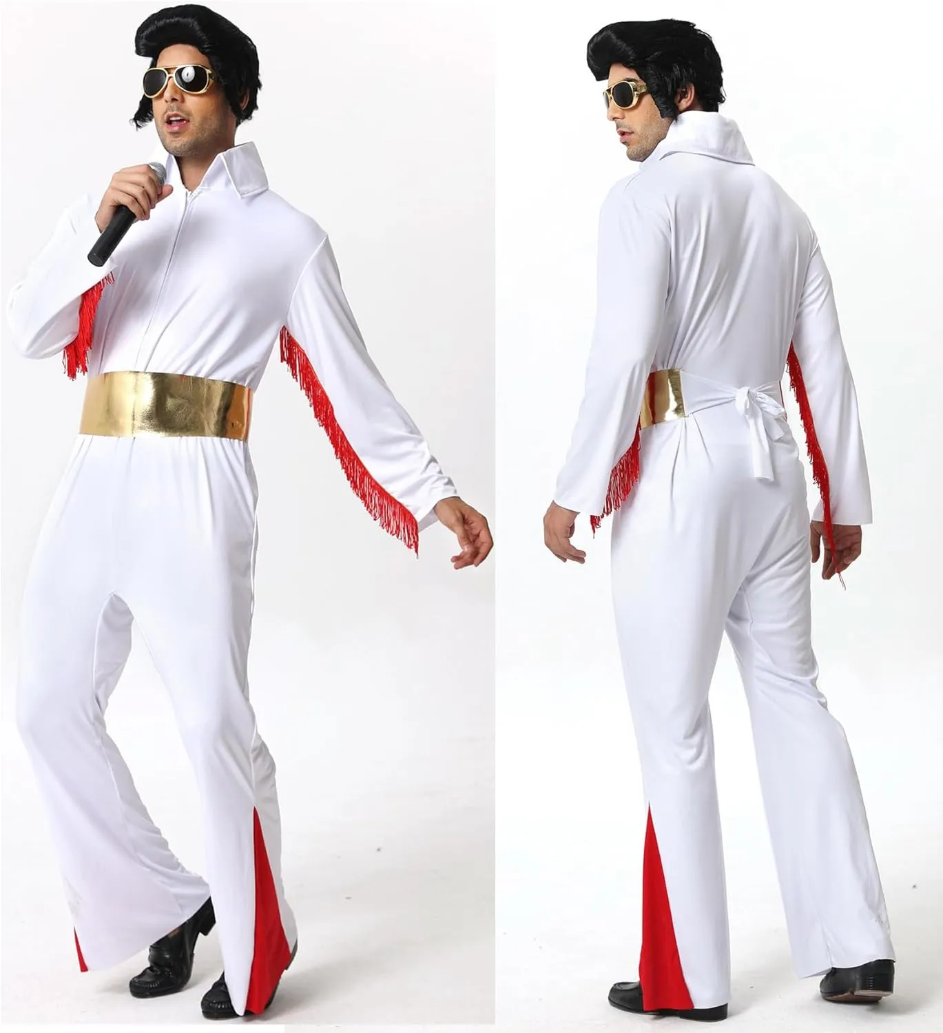 Men's 50s Rock Star Disco Outfit Costume Halloween Costume Adult for Men 5PCS: Jumpsuit Wig Sunglasses Belt Red Scarf