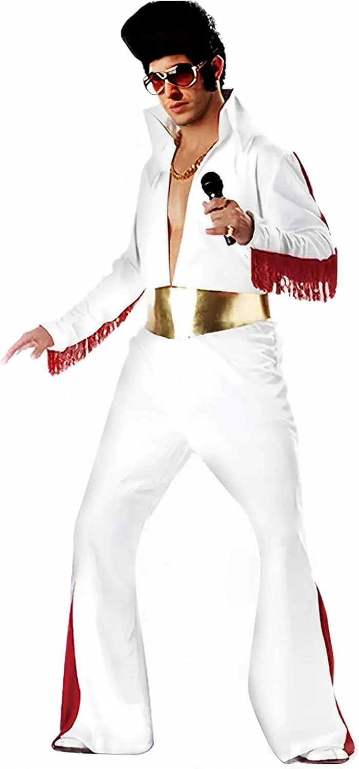 Men's 50s Rock Star Disco Outfit Costume Halloween Costume Adult for Men 5PCS: Jumpsuit Wig Sunglasses Belt Red Scarf