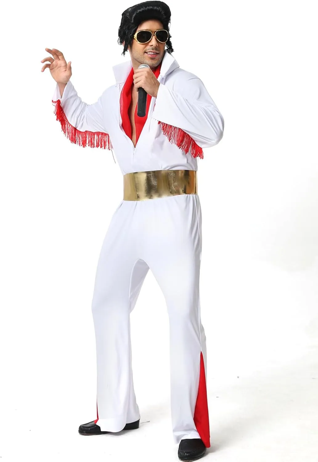 Men's 50s Rock Star Disco Outfit Costume Halloween Costume Adult for Men 5PCS: Jumpsuit Wig Sunglasses Belt Red Scarf