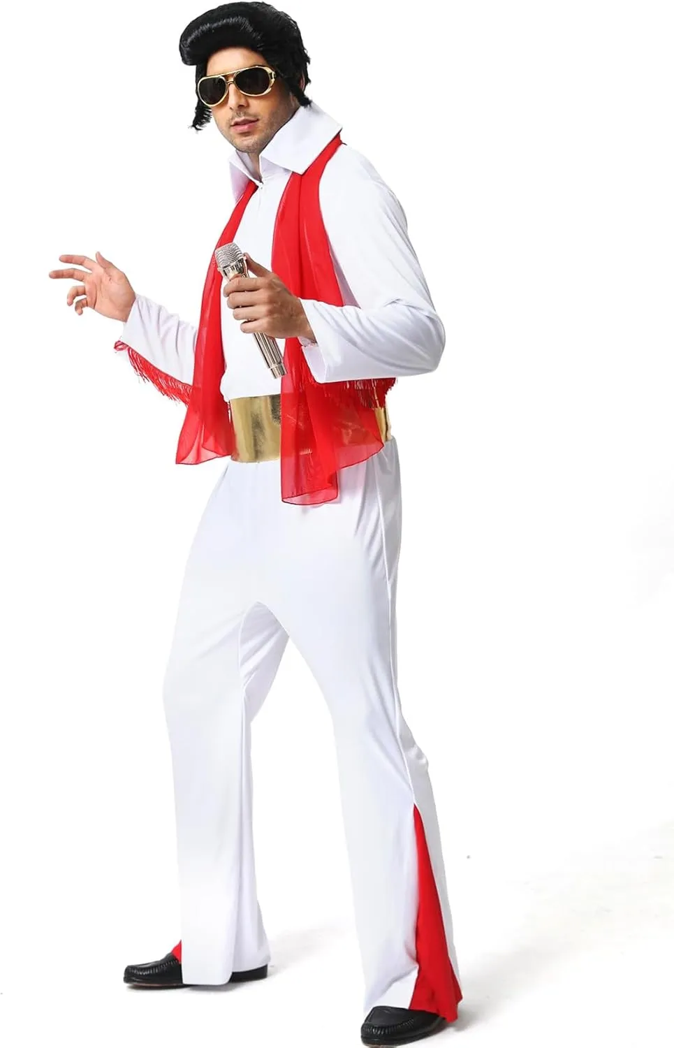 Men's 50s Rock Star Disco Outfit Costume Halloween Costume Adult for Men 5PCS: Jumpsuit Wig Sunglasses Belt Red Scarf