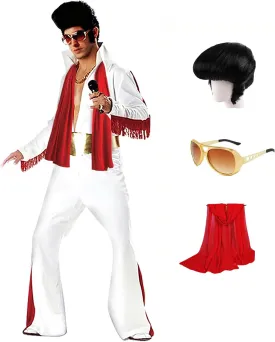 Men's 50s Rock Star Disco Outfit Costume Halloween Costume Adult for Men 5PCS: Jumpsuit Wig Sunglasses Belt Red Scarf