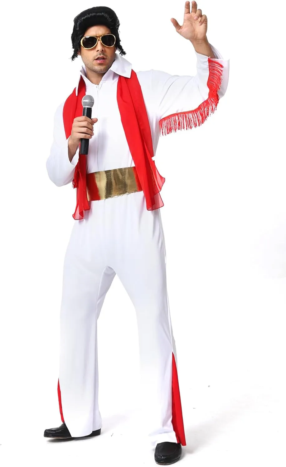 Men's 50s Rock Star Disco Outfit Costume Halloween Costume Adult for Men 5PCS: Jumpsuit Wig Sunglasses Belt Red Scarf