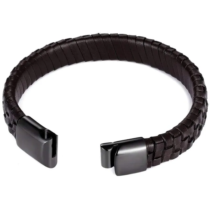 Men's Black  Brown  Blue Leather Bracelets  Stainless Steel Safety Magnetic Clasp Buckle. Top Grain Leather Cuff  Wristbands. Great Gift for Veterans Day  Thanksgiving  Christmas and New Year (Black Soft Leather)