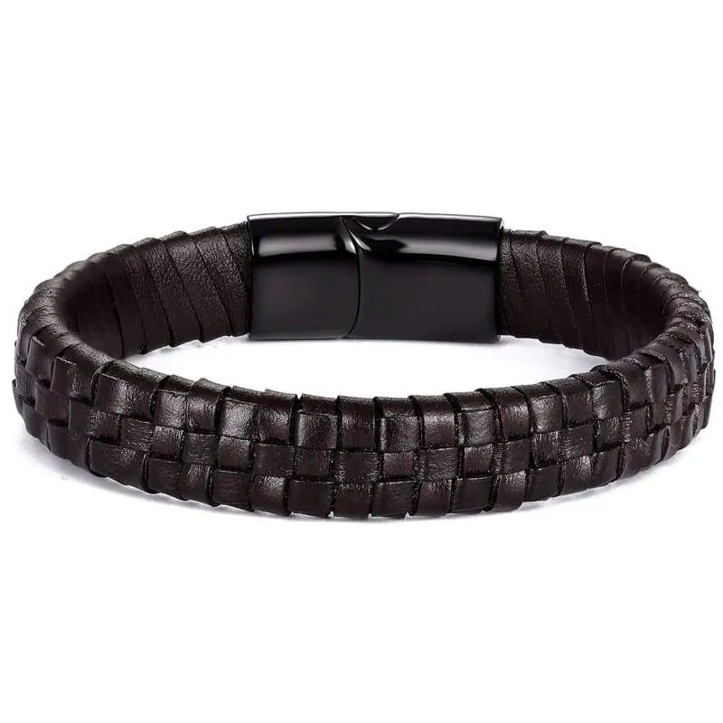 Men's Black  Brown  Blue Leather Bracelets  Stainless Steel Safety Magnetic Clasp Buckle. Top Grain Leather Cuff  Wristbands. Great Gift for Veterans Day  Thanksgiving  Christmas and New Year (Black Soft Leather)