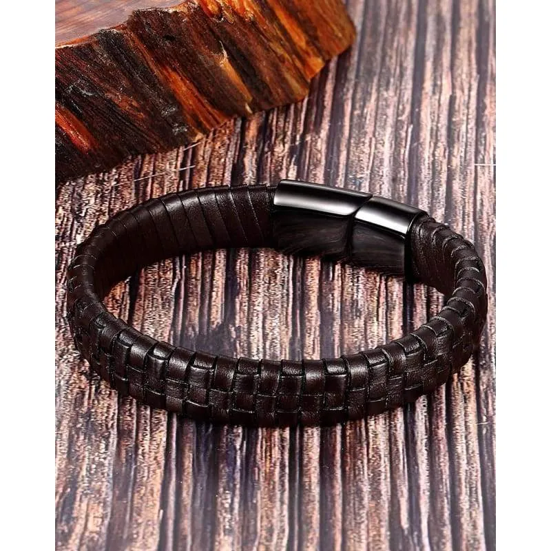Men's Black  Brown  Blue Leather Bracelets  Stainless Steel Safety Magnetic Clasp Buckle. Top Grain Leather Cuff  Wristbands. Great Gift for Veterans Day  Thanksgiving  Christmas and New Year (Black Soft Leather)