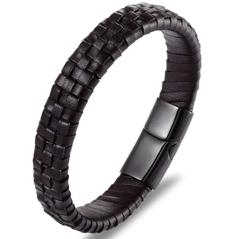 Men's Black  Brown  Blue Leather Bracelets  Stainless Steel Safety Magnetic Clasp Buckle. Top Grain Leather Cuff  Wristbands. Great Gift for Veterans Day  Thanksgiving  Christmas and New Year (Black Soft Leather)