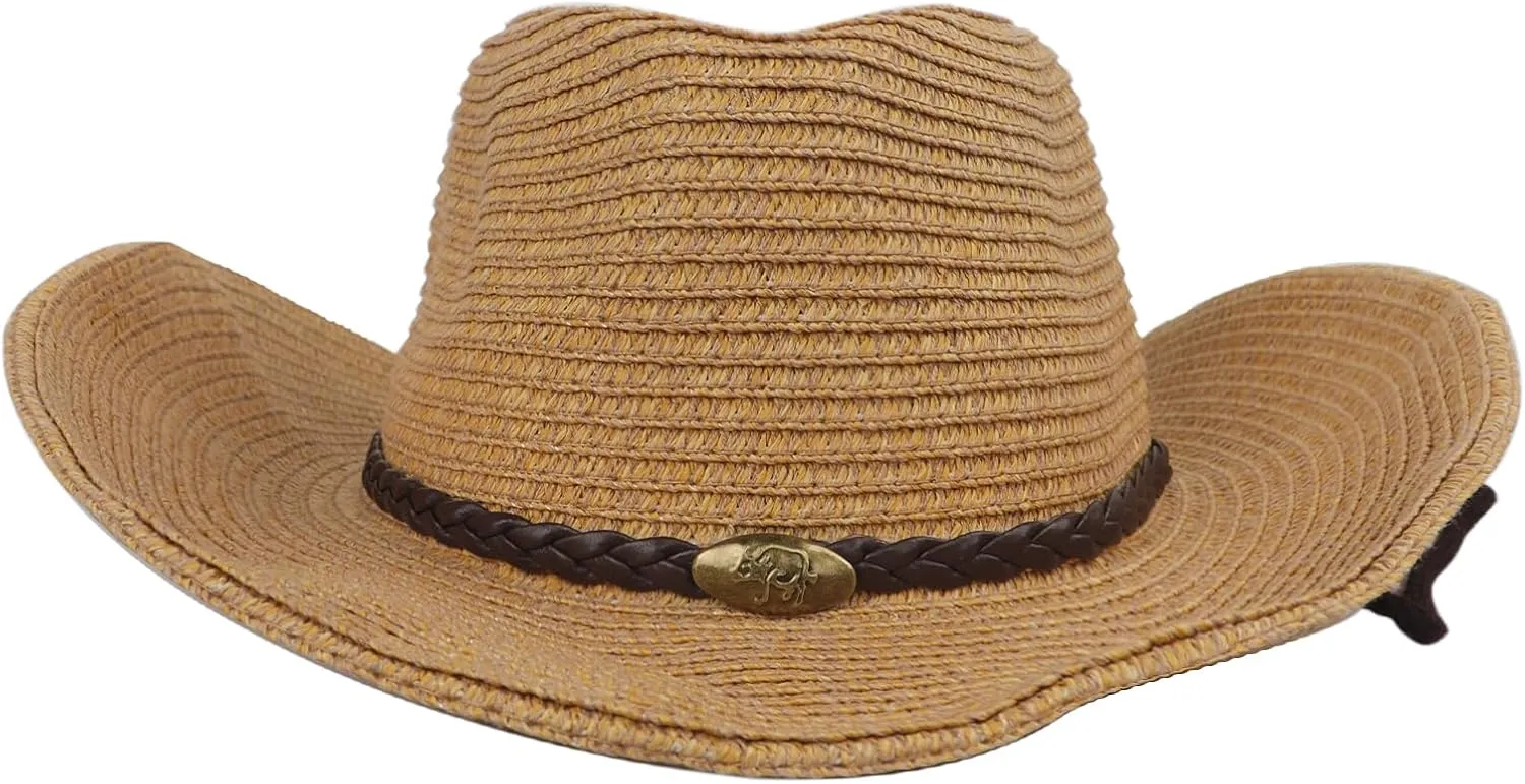 Mens Womens Western Cowboy Straw Hat Classic Brown Cowgirl Woven Sun Hat Roll Up Fedora Hat