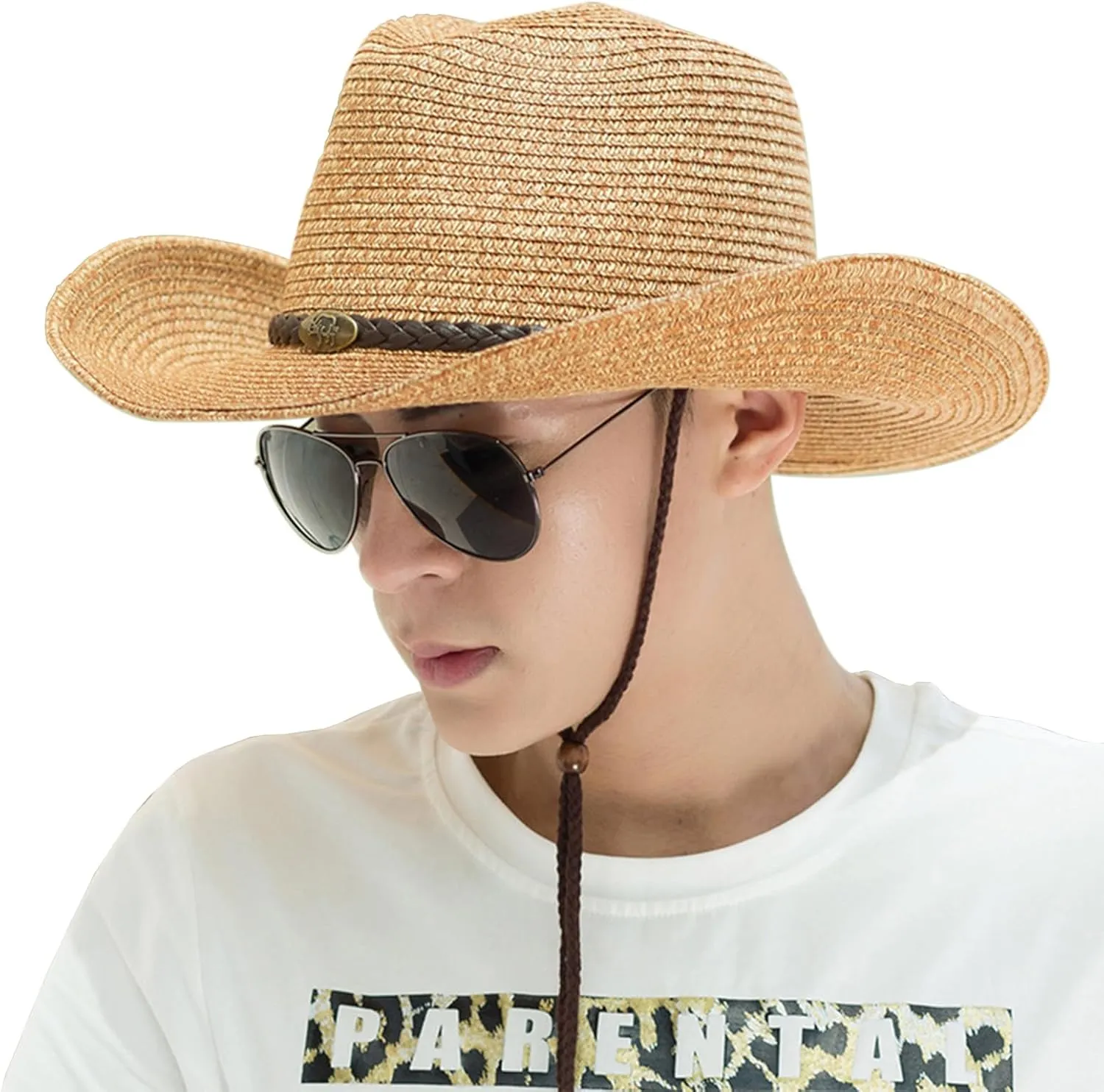 Mens Womens Western Cowboy Straw Hat Classic Brown Cowgirl Woven Sun Hat Roll Up Fedora Hat