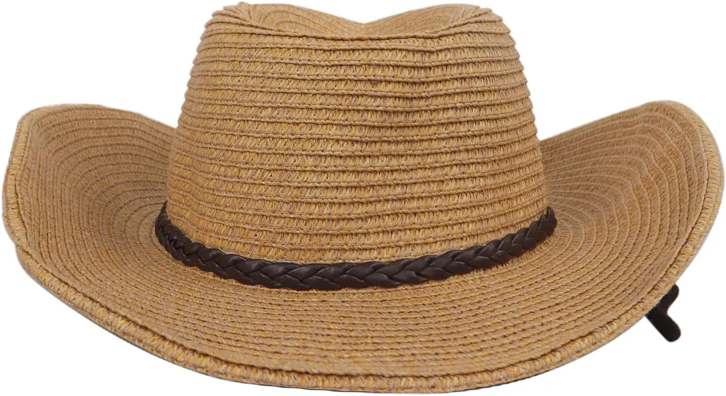 Mens Womens Western Cowboy Straw Hat Classic Brown Cowgirl Woven Sun Hat Roll Up Fedora Hat