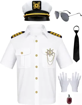 Men's Yacht Captain Sailor Costume 7PCS Adult Navy Shirt Hat Aviator Sunglasses Accessories Set Funny Party Cosplay
