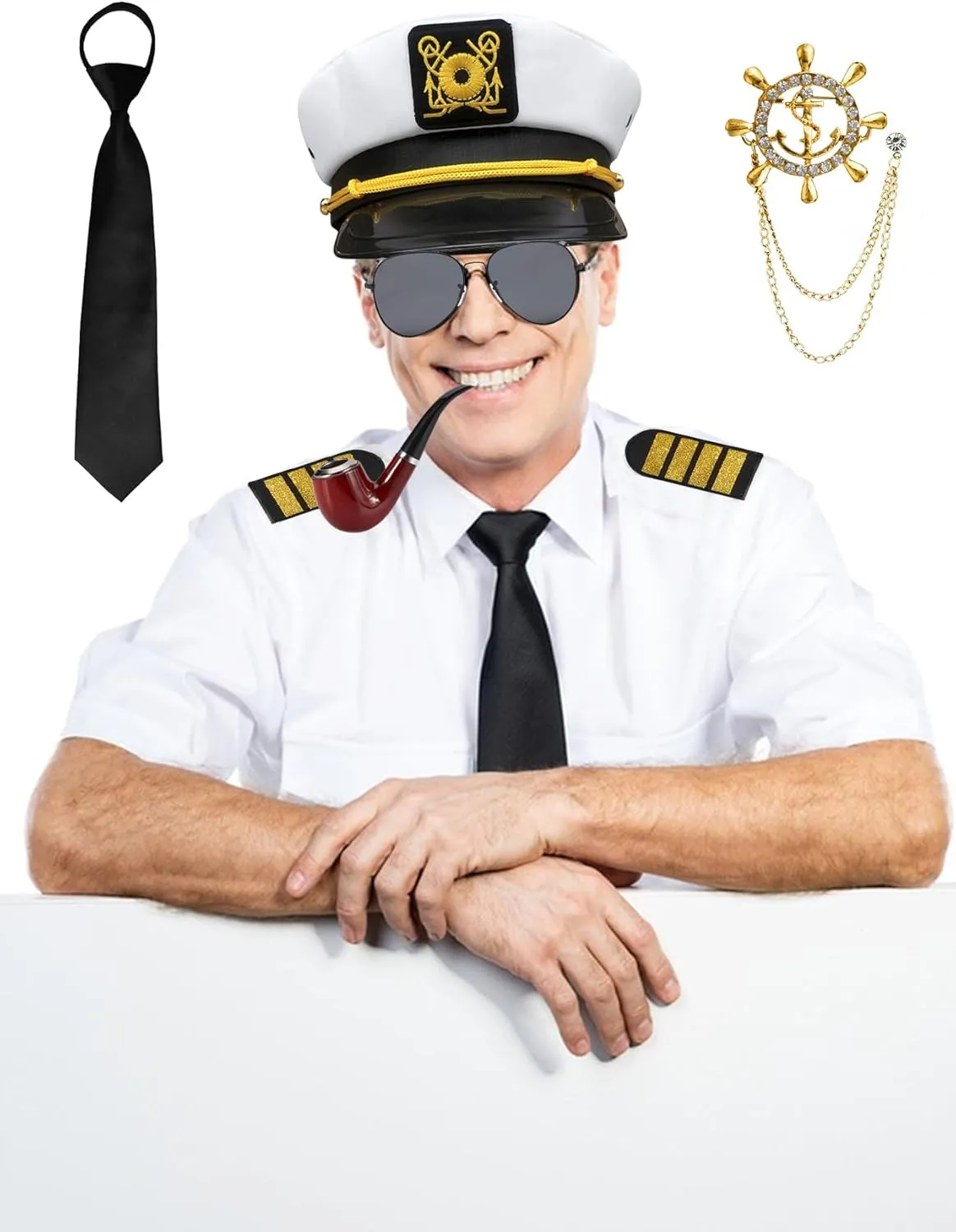 Men's Yacht Captain Sailor Costume 7PCS Adult Navy Shirt Hat Aviator Sunglasses Accessories Set Funny Party Cosplay