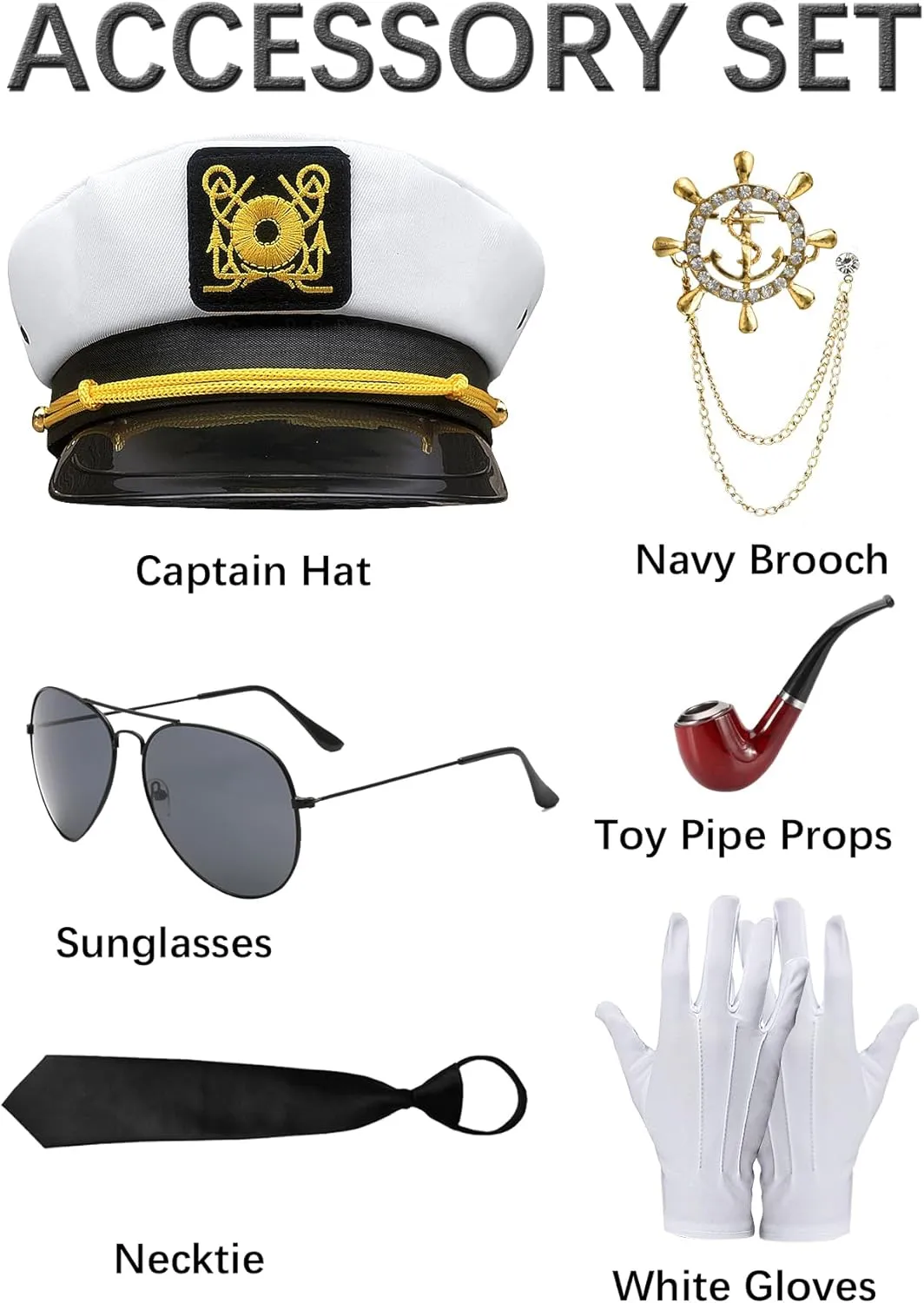 Men's Yacht Captain Sailor Costume 7PCS Adult Navy Shirt Hat Aviator Sunglasses Accessories Set Funny Party Cosplay