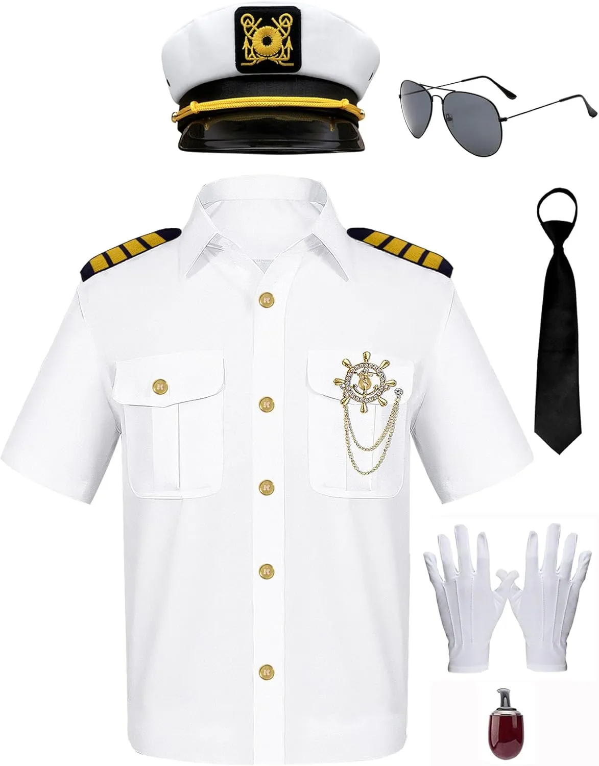 Men's Yacht Captain Sailor Costume 7PCS Adult Navy Shirt Hat Aviator Sunglasses Accessories Set Funny Party Cosplay