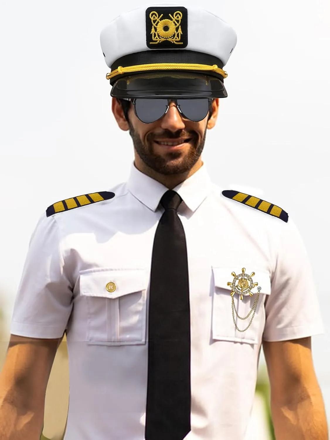 Men's Yacht Captain Sailor Costume 7PCS Adult Navy Shirt Hat Aviator Sunglasses Accessories Set Funny Party Cosplay