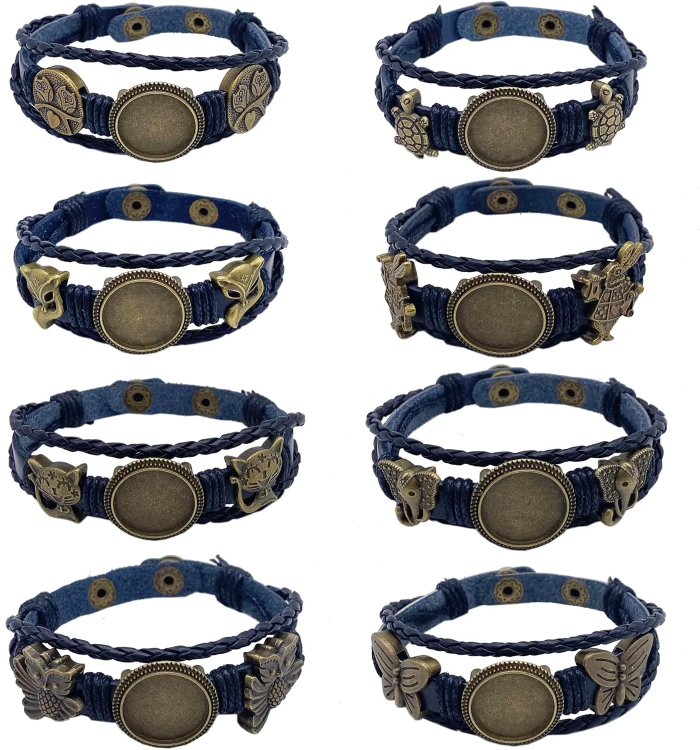 MIAO JIN 8PCS Braided Leather Bracelet Making Kit 18mm Blank round Cabochon Bezel Tray Button Adjust Leatherette Multilayer Rope Bangle Cuff Wristband for hand crafted (Mixed Shapes)