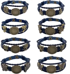 MIAO JIN 8PCS Braided Leather Bracelet Making Kit 18mm Blank round Cabochon Bezel Tray Button Adjust Leatherette Multilayer Rope Bangle Cuff Wristband for hand crafted (Mixed Shapes)