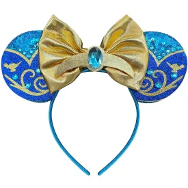 Mouse Ears Headband for Women Adult, Blue Princess Hairband with Beads Sequin Ears