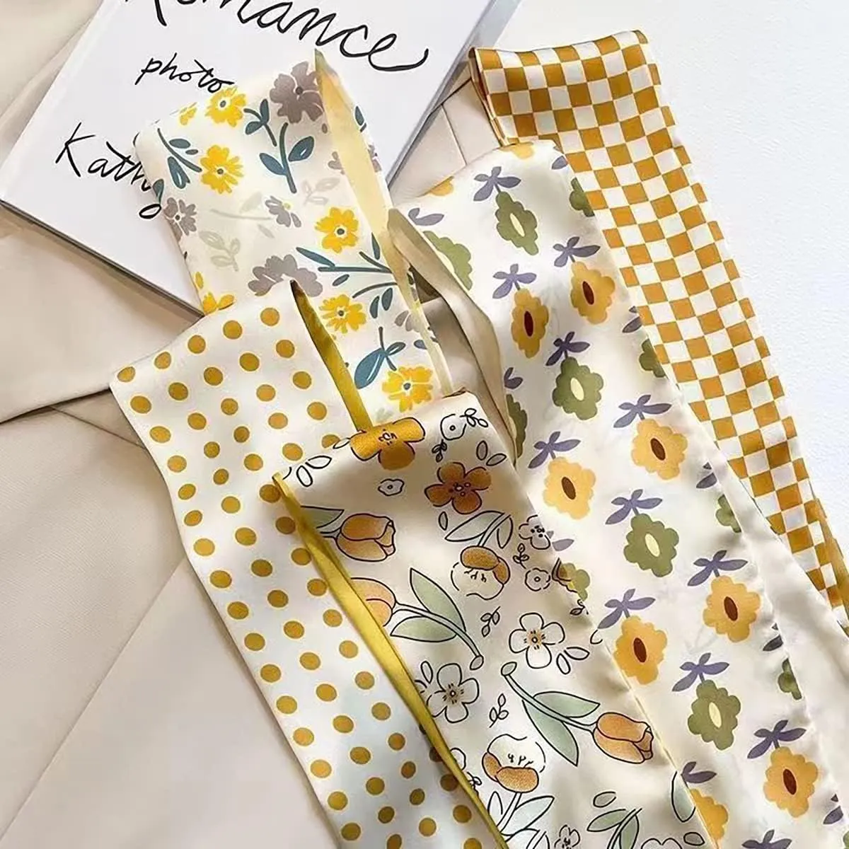 NCDUANSAN Retro small silk scarf girl heart spring and summer narrow ribbon headband headband bag long scarf headdress