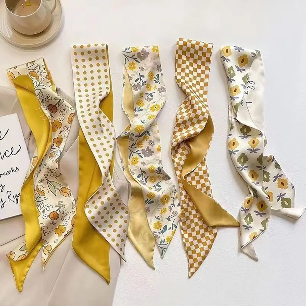 NCDUANSAN Retro small silk scarf girl heart spring and summer narrow ribbon headband headband bag long scarf headdress