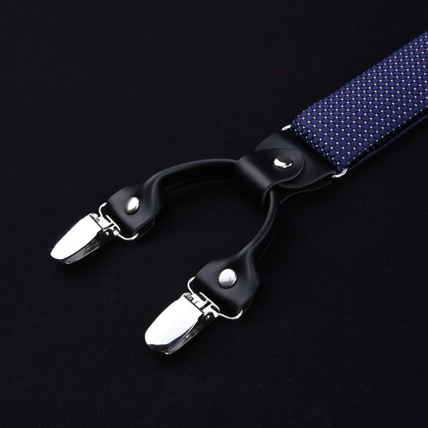Plaid Suspender Pre-Tied Bow Tie Handkerchief - NAVY BLUE