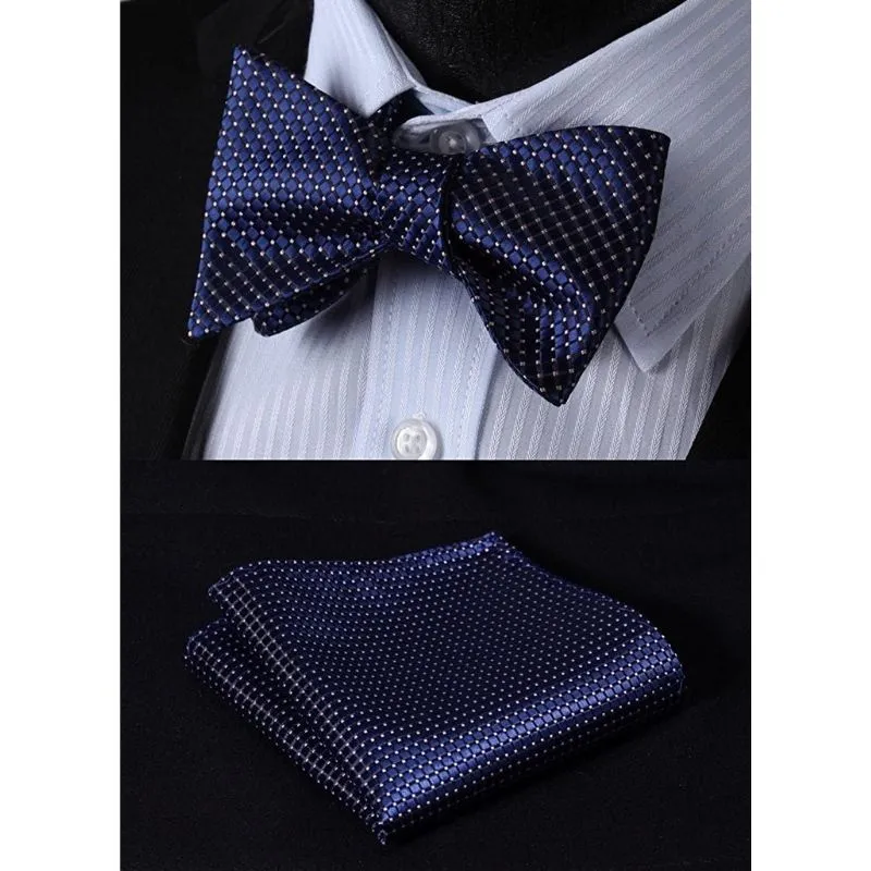 Plaid Suspender Pre-Tied Bow Tie Handkerchief - NAVY BLUE