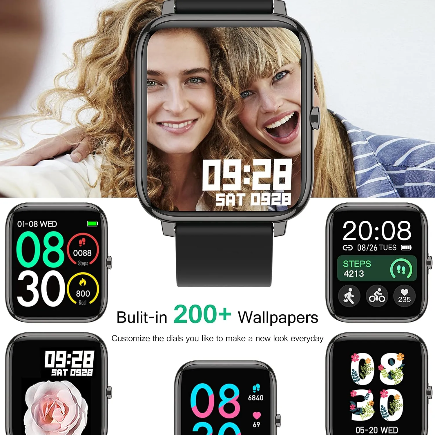 Popglory Smart Watch, Smartwatch with Blood Pressure, Blood Oxygen Monitor, Fitness Tracker with Heart Rate Monitor, Full Touch Fitness Watch for Android & iOS for Men Women (Black)