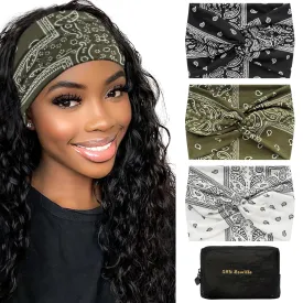 S&N Remille Wide Headbands for Women, Large Hairband, Elastic Non-Slip Headband Twist Knotted Accessories, Yoga Workout Vintage Hair 3 Pack (Colour-11)