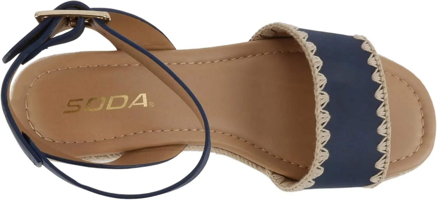 Soda Laguna ~ Women Square Toe Stitched Single Band Low Heel Espadrille Wedge Sandal with Adjustable Ankle Strap