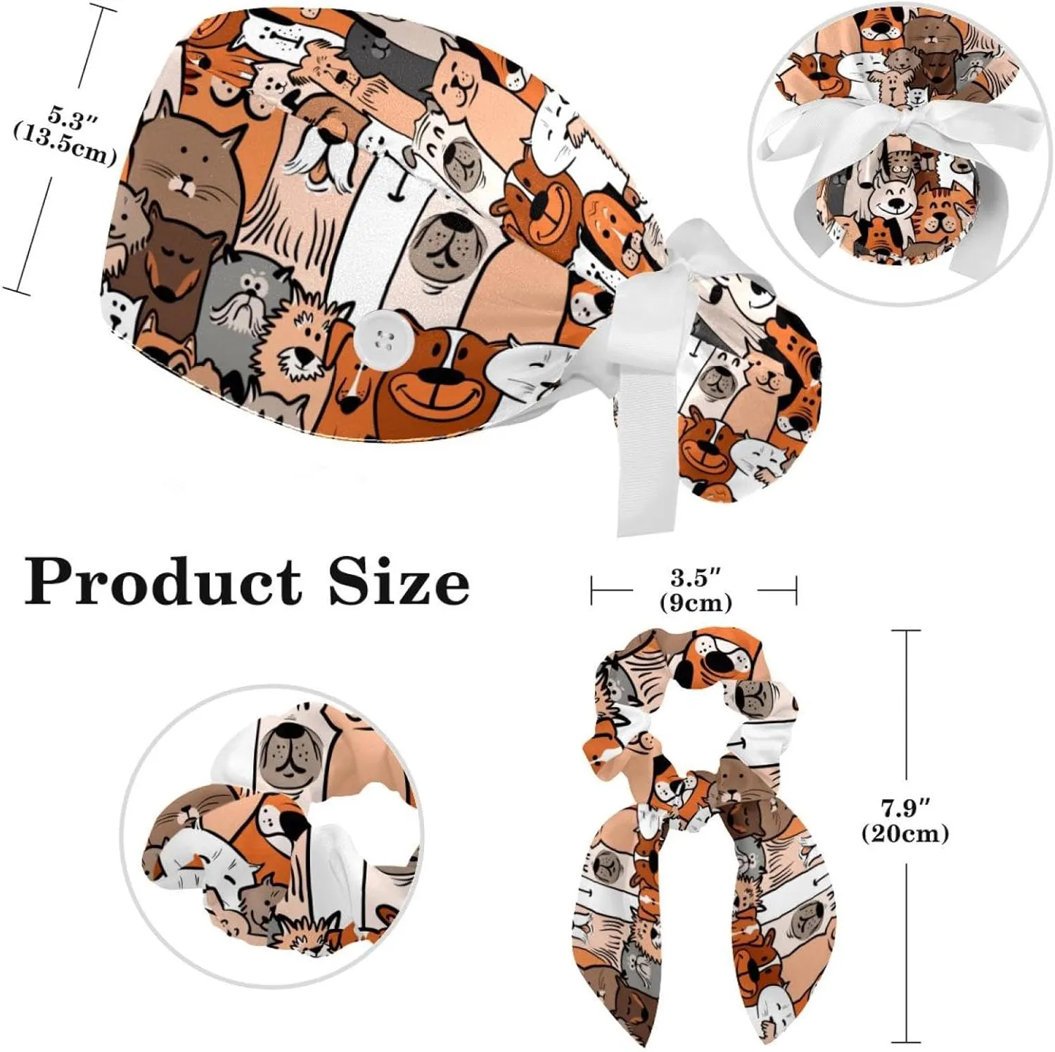 Space Cats Cute Scrub Caps Surgical Women with Button Adjustable Hats Surgical Caps with Scrunchie for Women