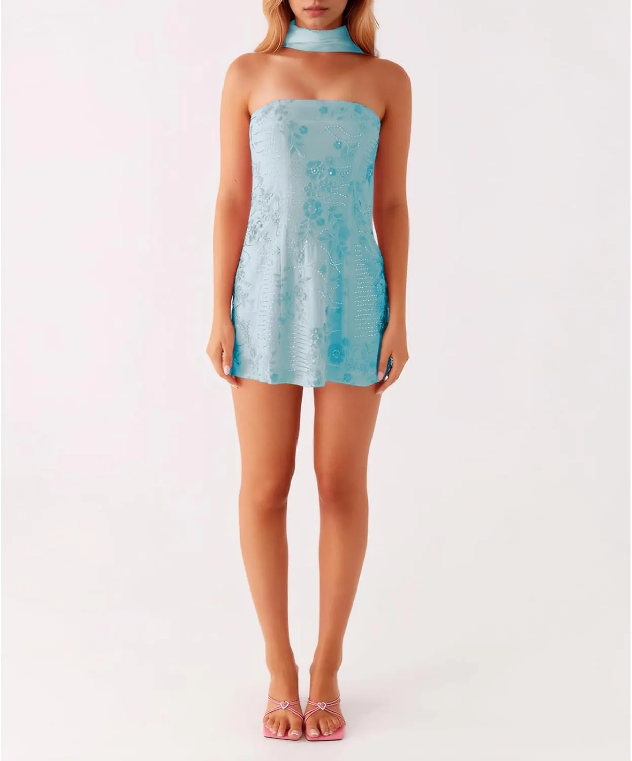 Women Sequin Sparkly Floral Tube Mini Dress with Scarf Y2k Sexy Pearl Embellished Bling Glitter Bodycon Dresses