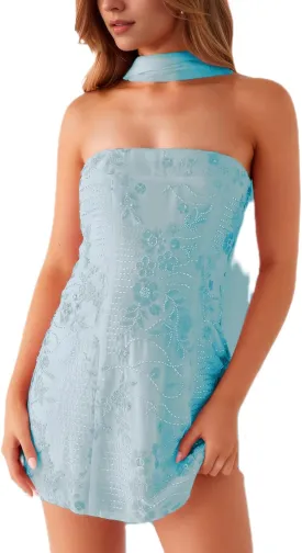 Women Sequin Sparkly Floral Tube Mini Dress with Scarf Y2k Sexy Pearl Embellished Bling Glitter Bodycon Dresses